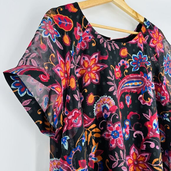 Stitch Fix Estelle Multicolor Short Sleeve Sheer Floral Asymmetric Blouse 14 - Picture 4 of 10
